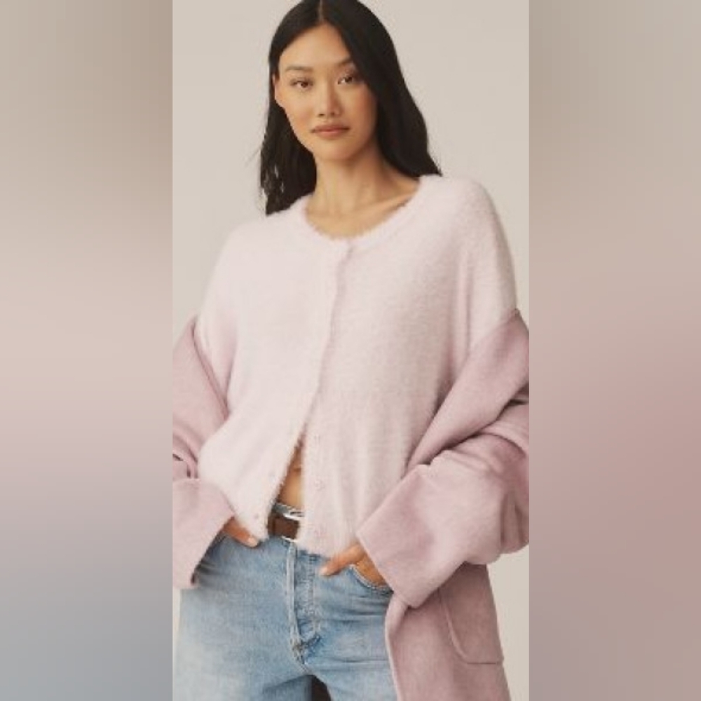 Flat White Eyelash Cardigan Pale Pink Button-up Cardigan Medium M